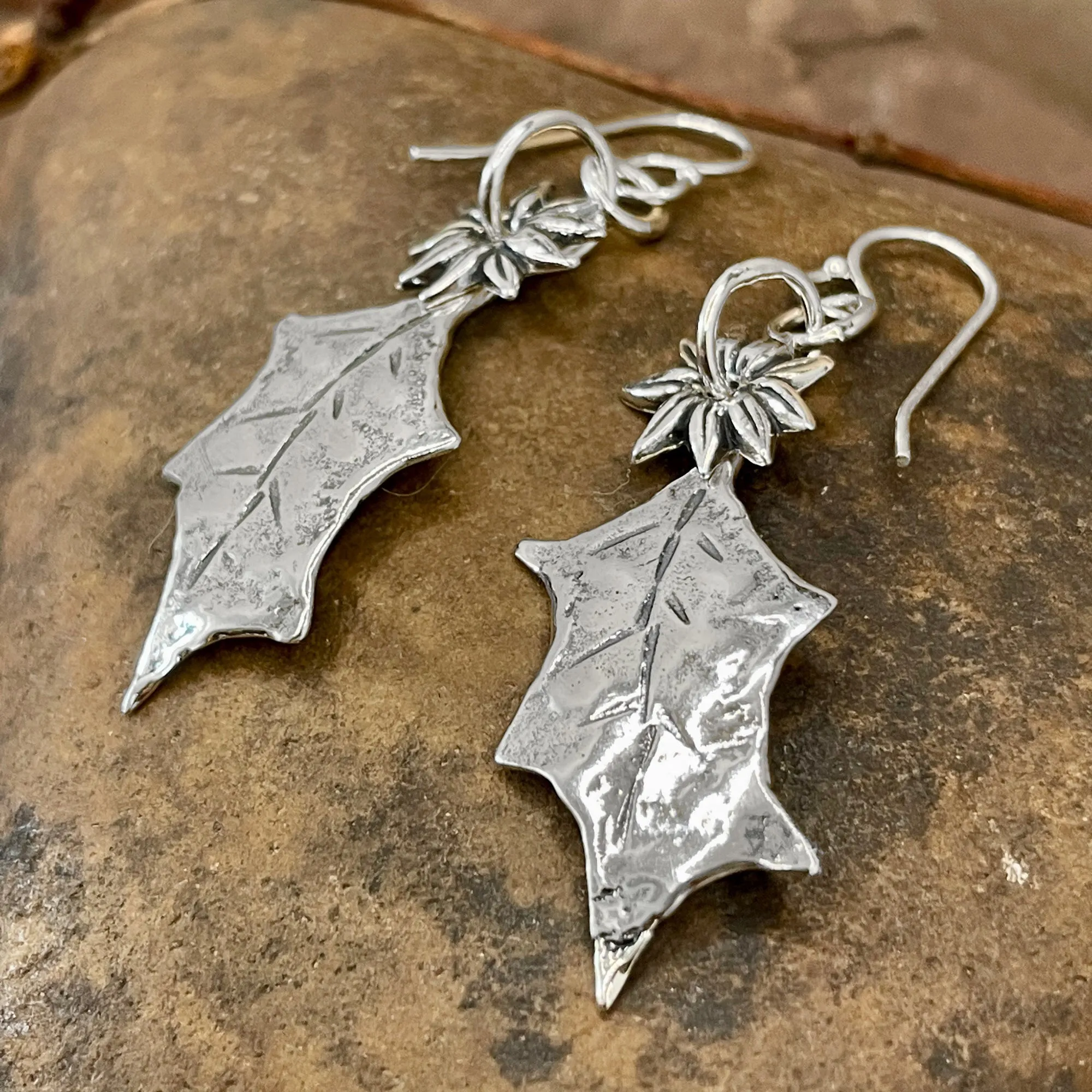 Holly Earrings with Poinsettia Flower