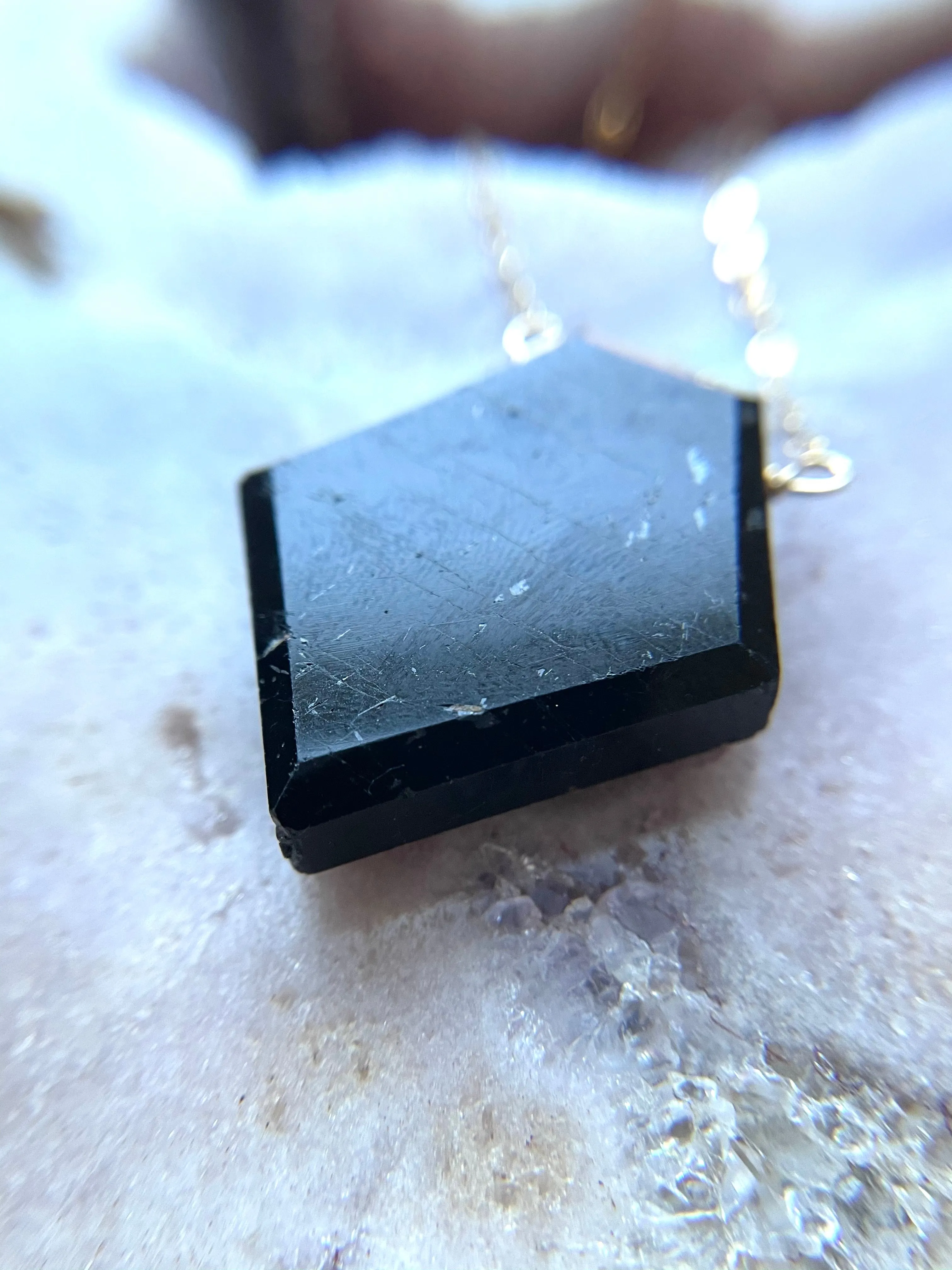 Large black tourmaline shield plate necklace - empath protection jewelry