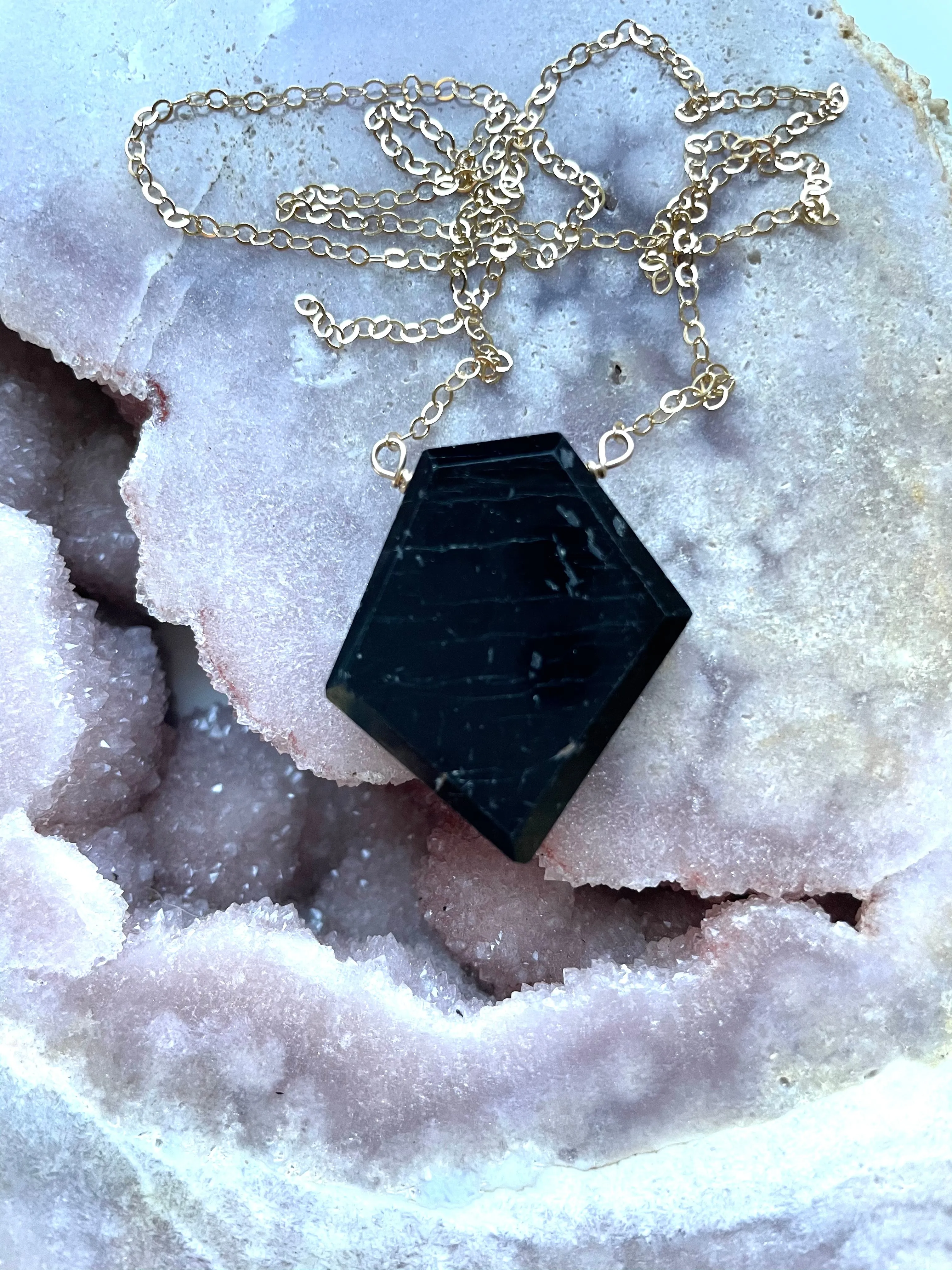 Large black tourmaline shield plate necklace - empath protection jewelry