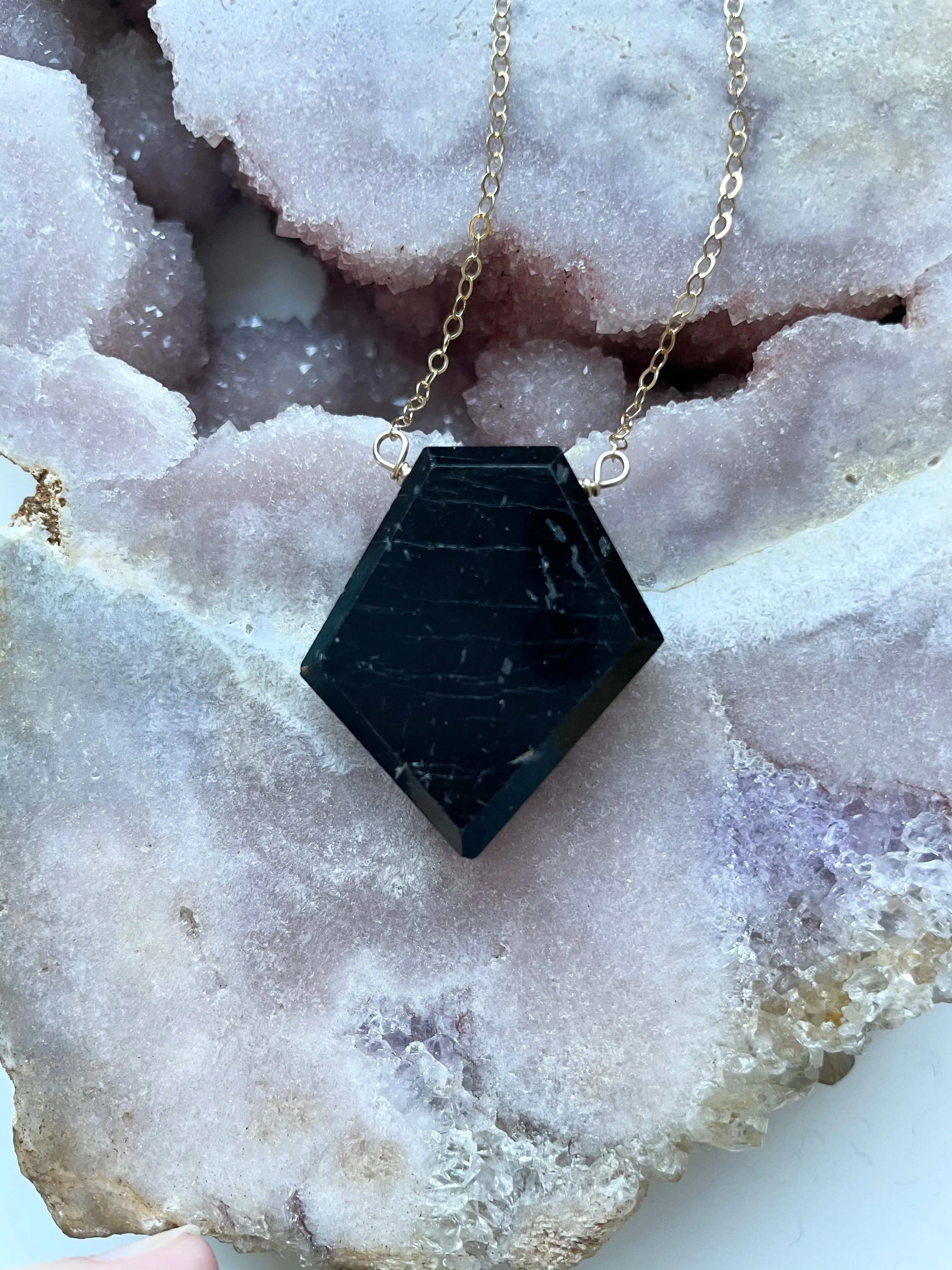 Large black tourmaline shield plate necklace - empath protection jewelry