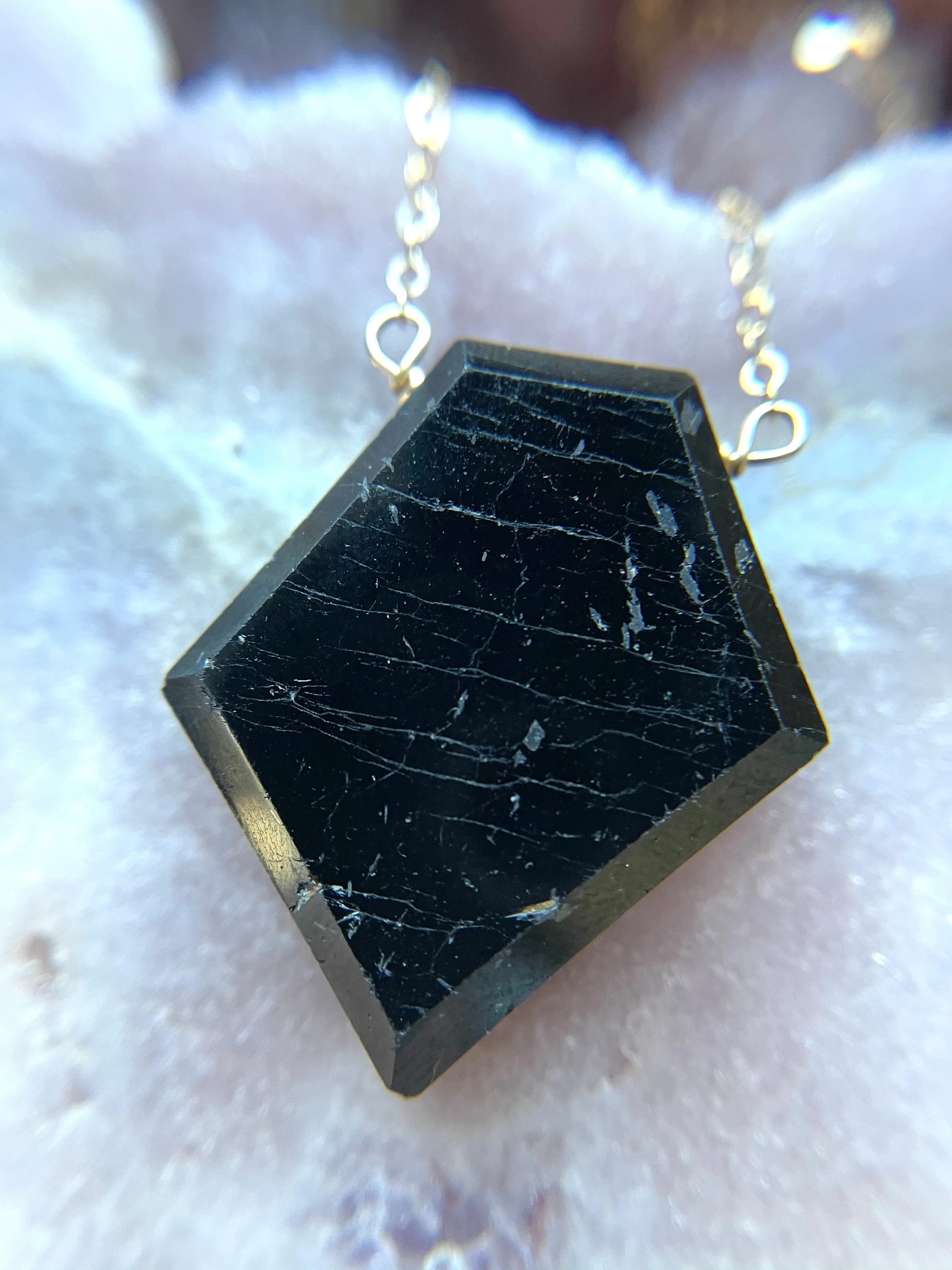 Large black tourmaline shield plate necklace - empath protection jewelry