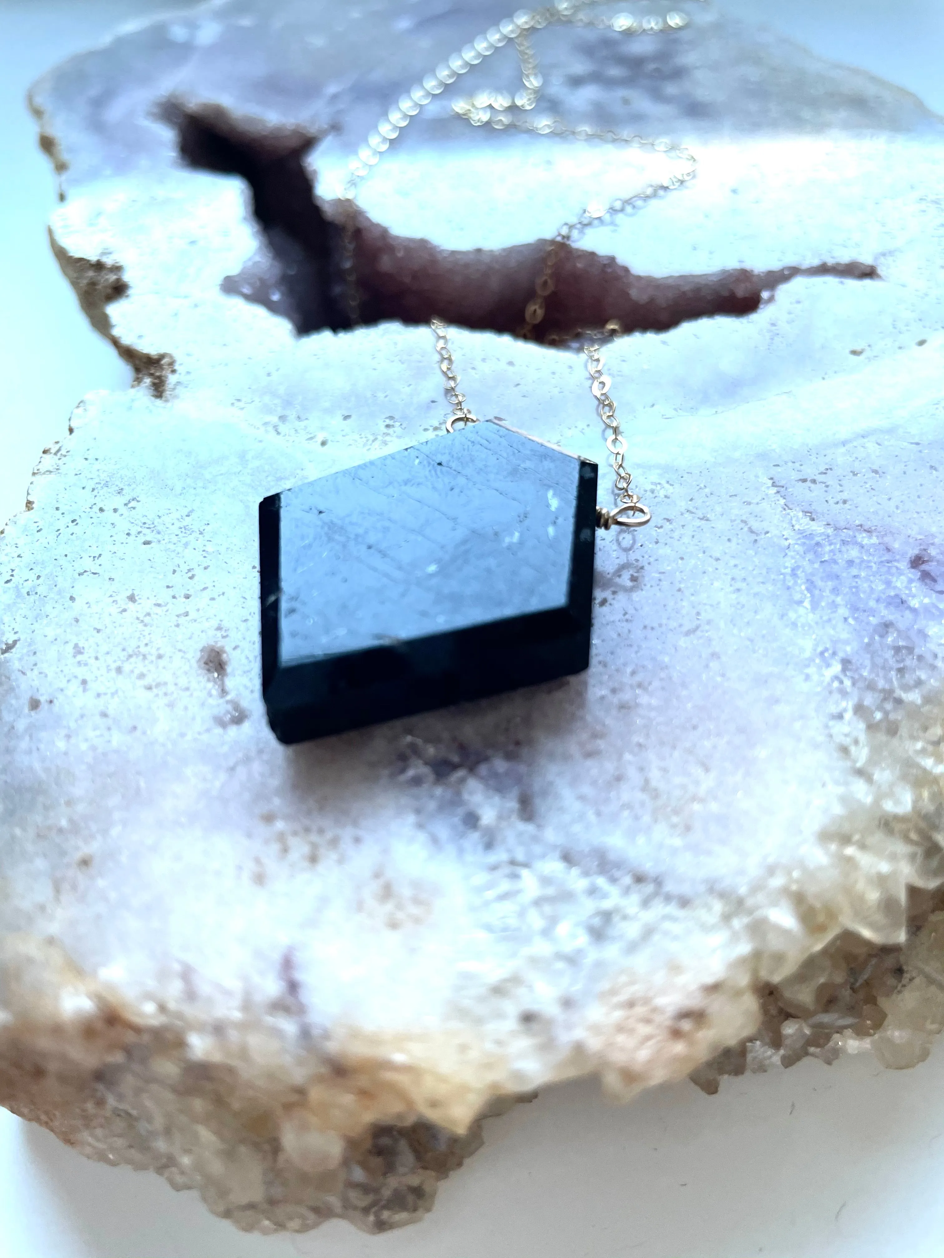 Large black tourmaline shield plate necklace - empath protection jewelry