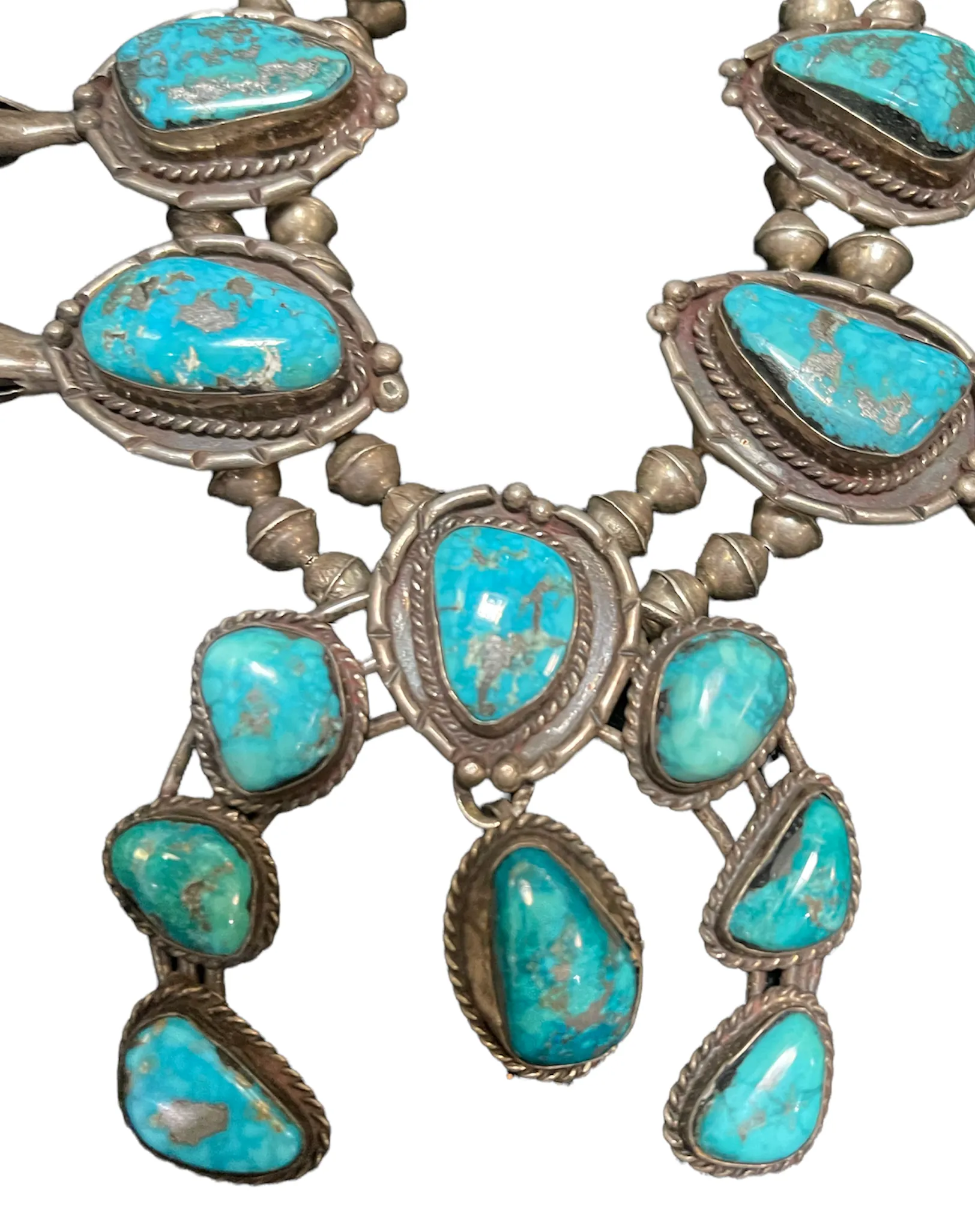 Morenci Mine Mid 20th Century Turquoise Squash Blossom Necklace