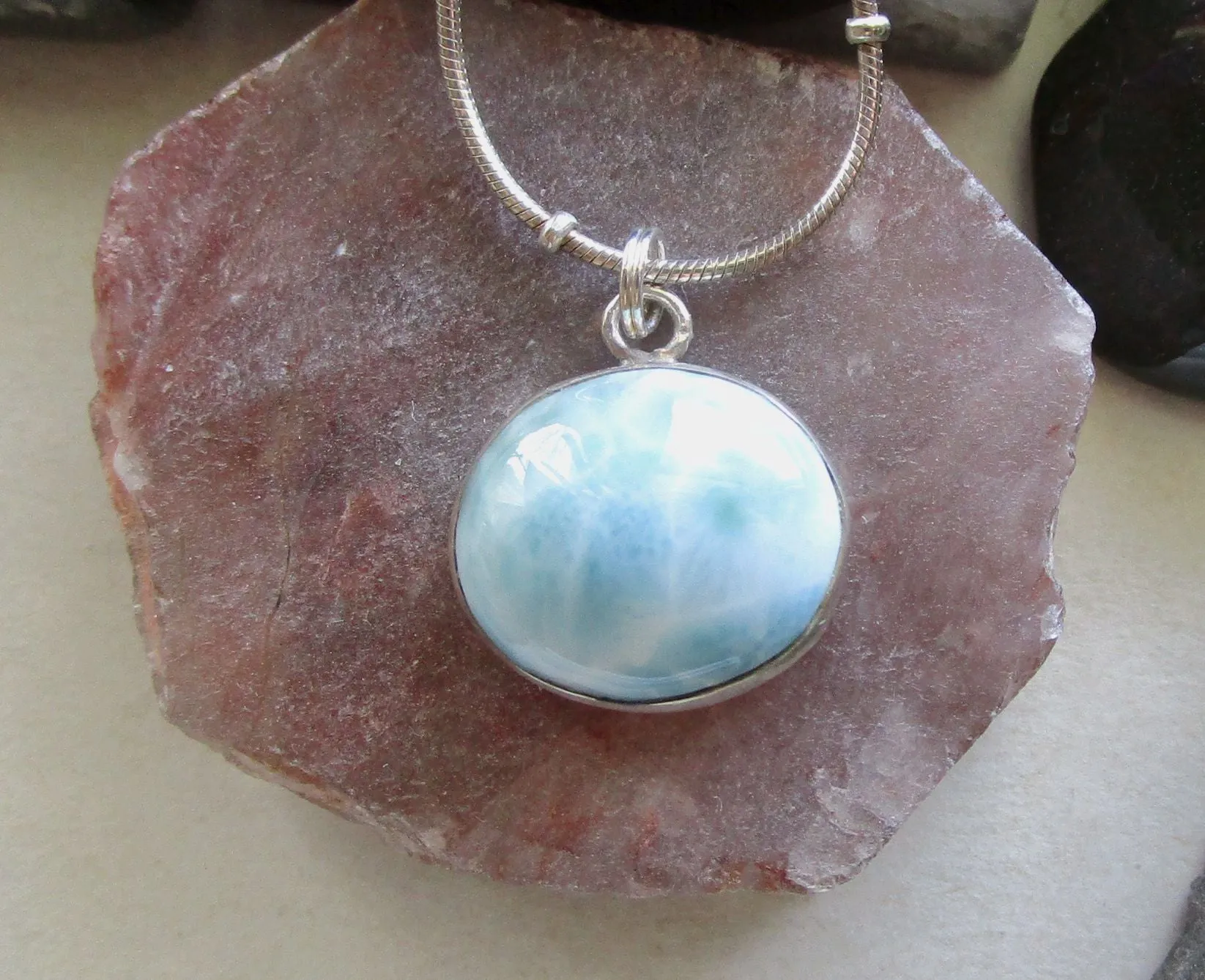 Natural Larimar Gemstone Sterling Silver Pendant Necklace