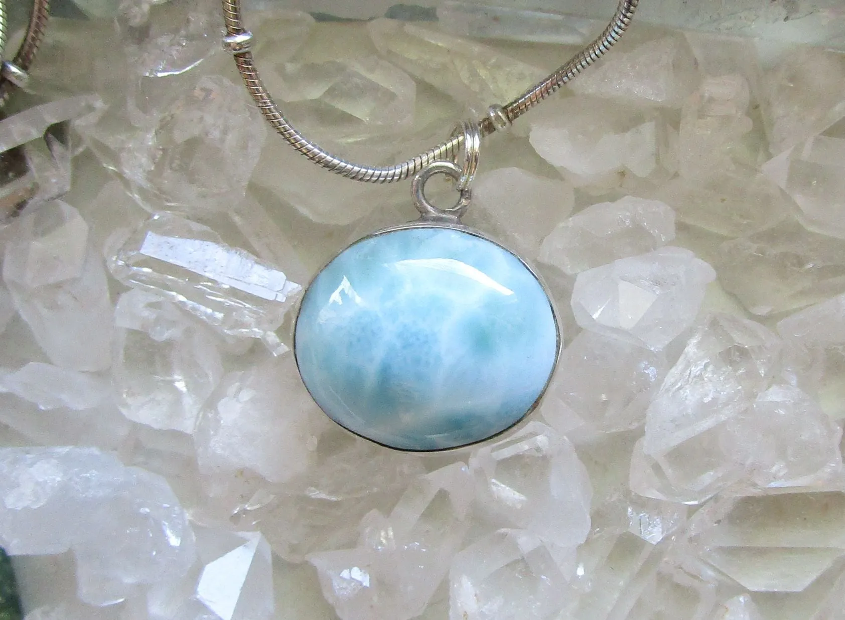 Natural Larimar Gemstone Sterling Silver Pendant Necklace