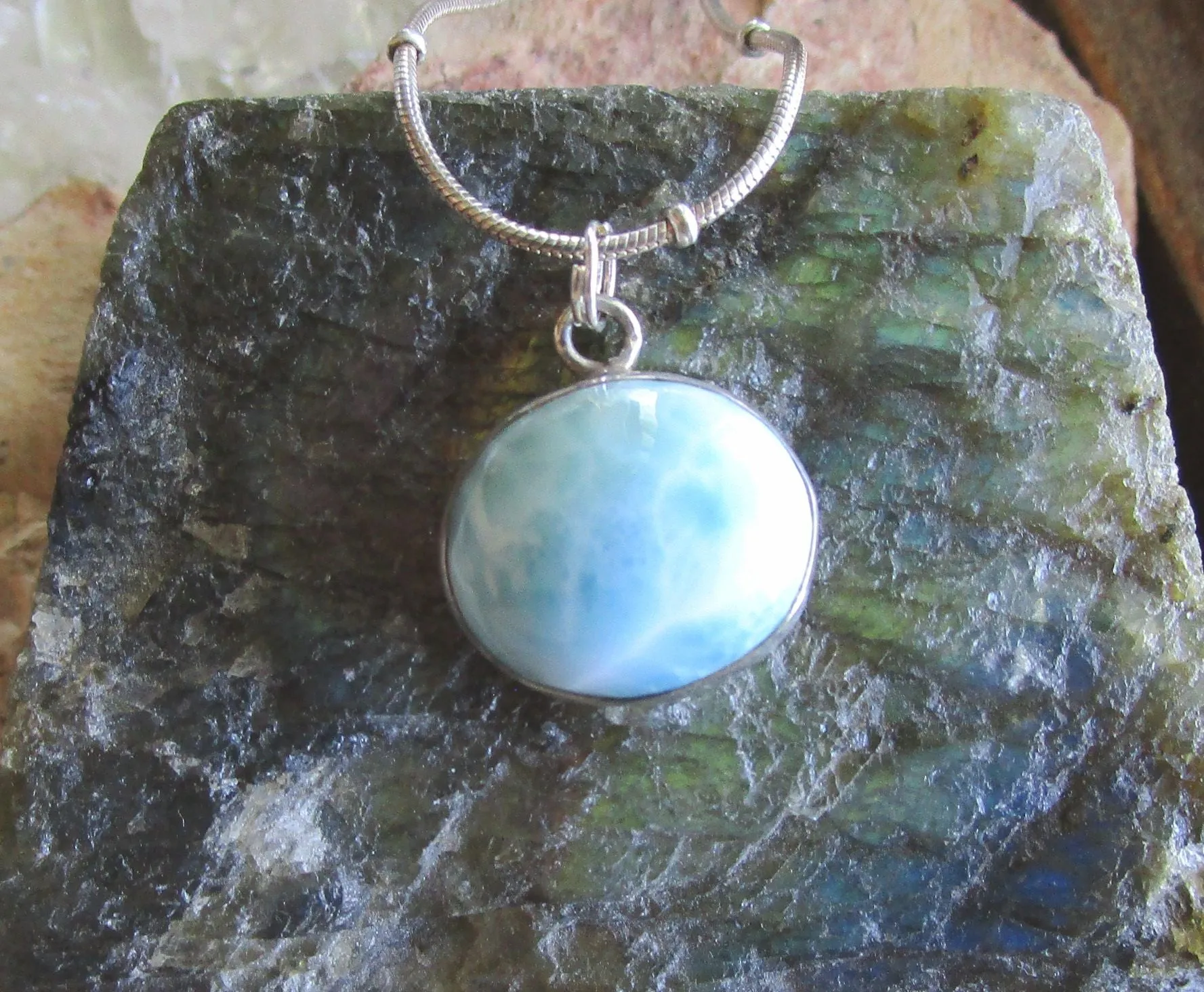 Natural Larimar Gemstone Sterling Silver Pendant Necklace