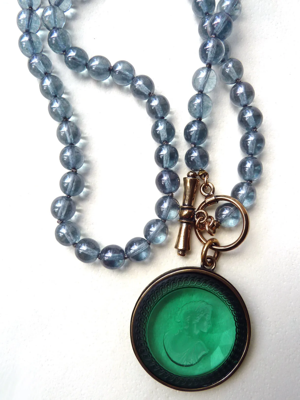 Necklace Intaglio On 30 Inch Glass Bead Periwinkle Bright Green