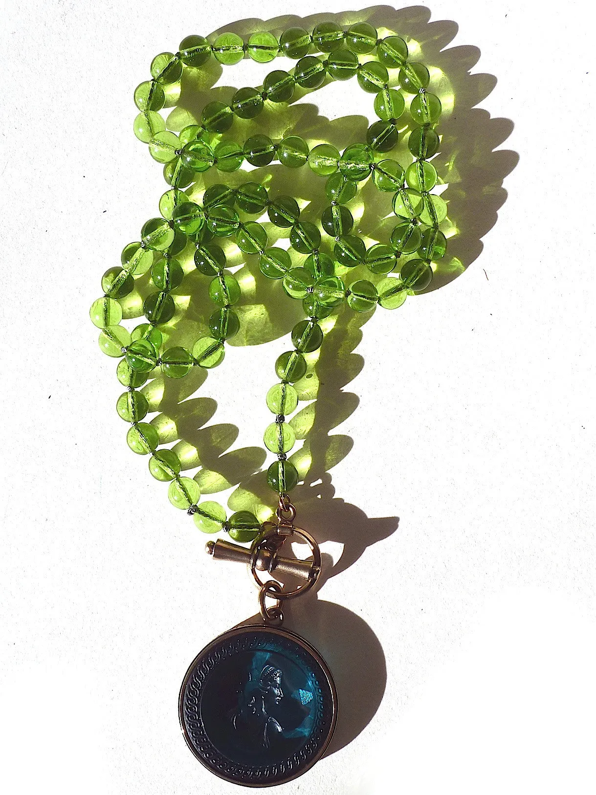 Necklace Intaglio On 30 Inch Glass Bead Periwinkle Bright Green