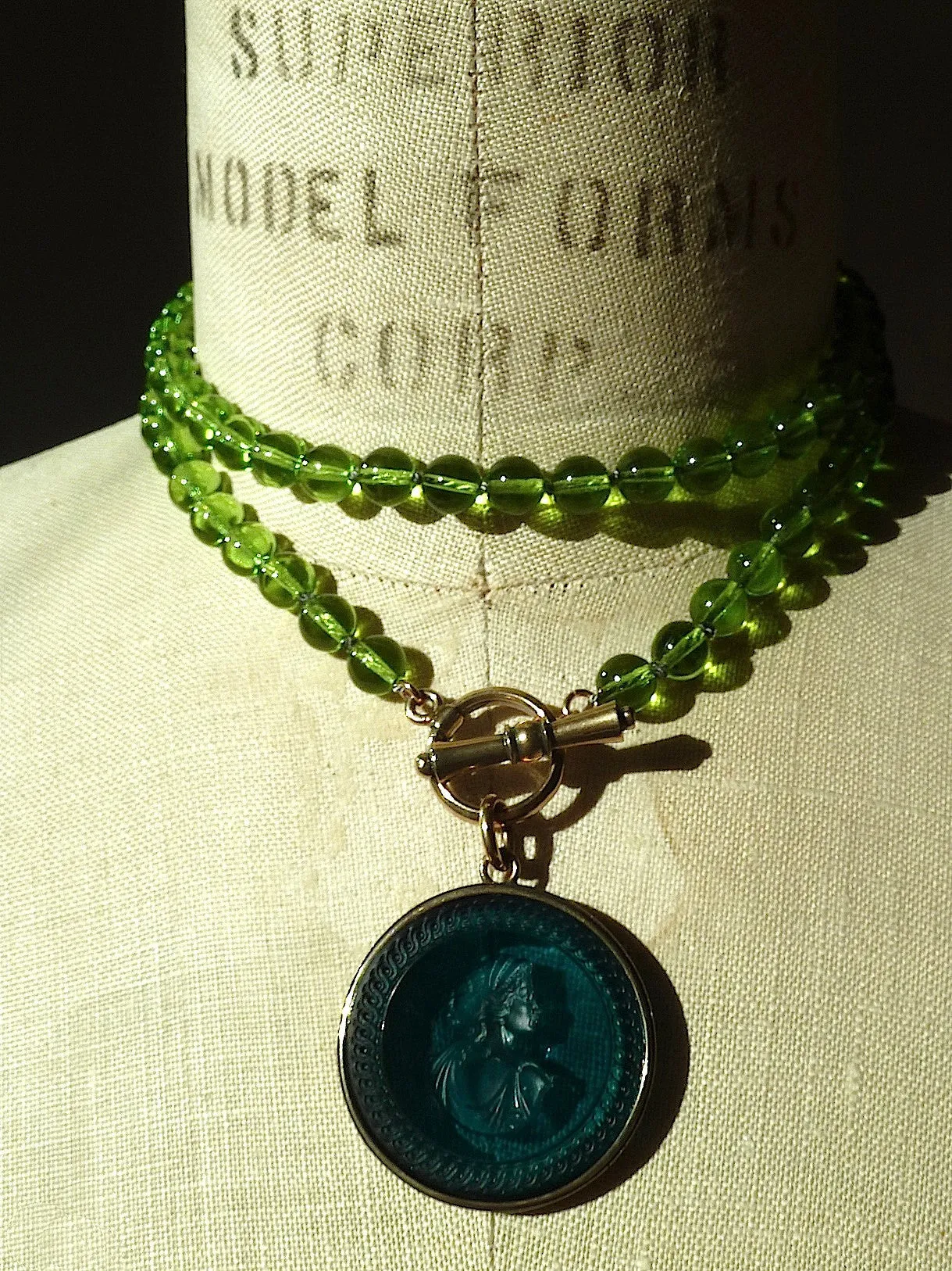 Necklace Intaglio On 30 Inch Glass Bead Periwinkle Bright Green