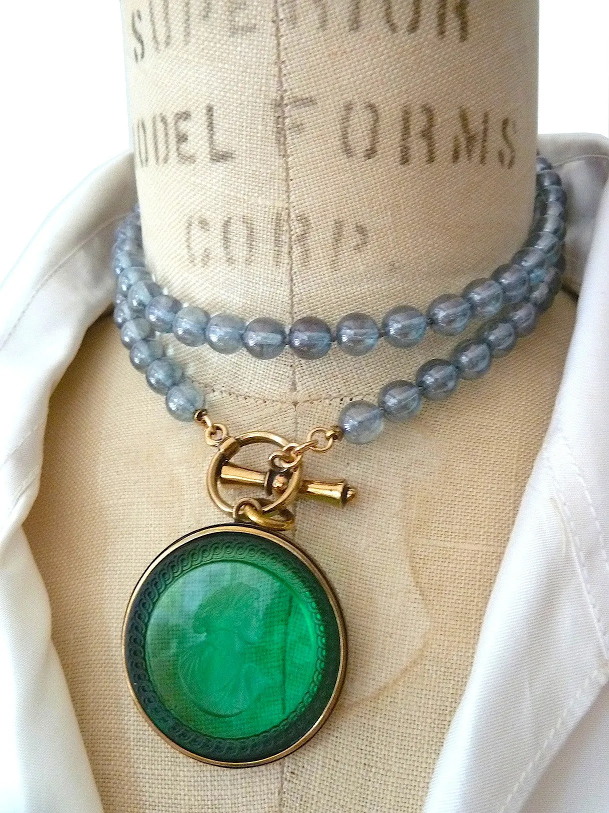 Necklace Intaglio On 30 Inch Glass Bead Periwinkle Bright Green