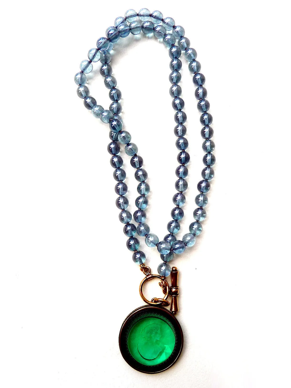 Necklace Intaglio On 30 Inch Glass Bead Periwinkle Bright Green