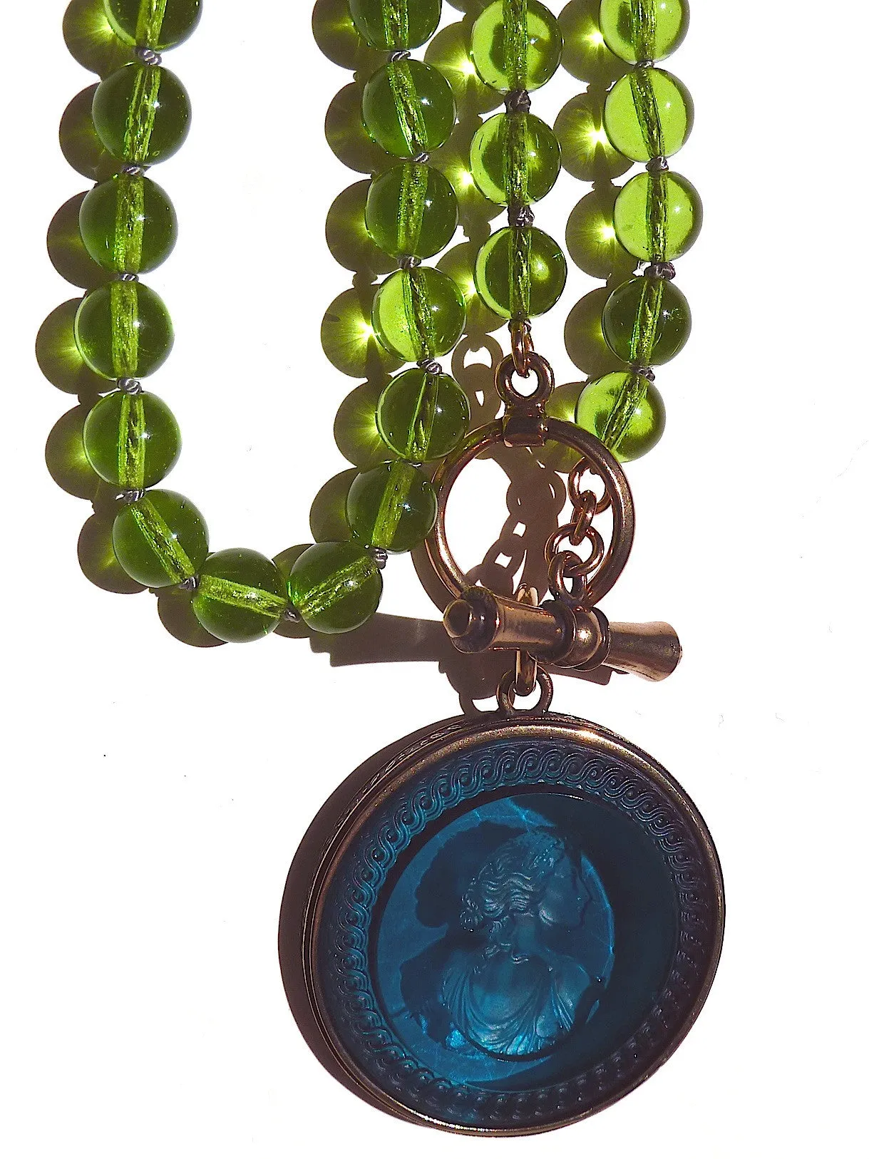 Necklace Intaglio On 30 Inch Glass Bead Periwinkle Bright Green