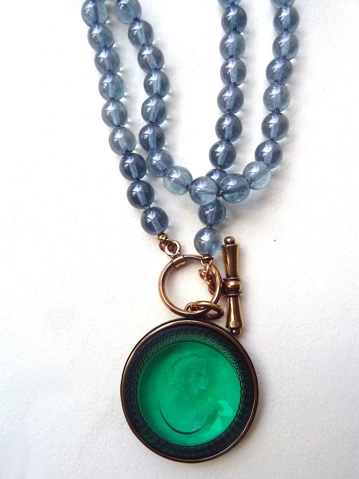 Necklace Intaglio On 30 Inch Glass Bead Periwinkle Bright Green