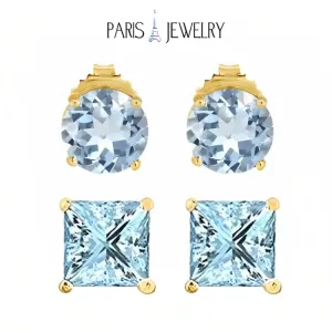 Paris Jewelry 18k Yellow Gold 2 Pair Created Aquamarine 4mm Round & Princess Cut Stud Earrings Plated