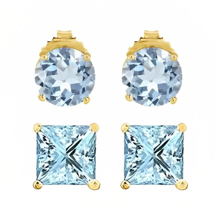 Paris Jewelry 18k Yellow Gold 2 Pair Created Aquamarine 4mm Round & Princess Cut Stud Earrings Plated