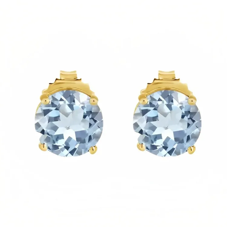 Paris Jewelry 18k Yellow Gold 2 Pair Created Aquamarine 4mm Round & Princess Cut Stud Earrings Plated