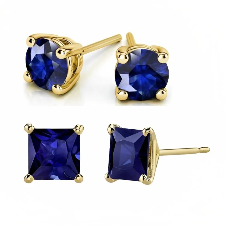 Paris Jewelry 18k Yellow Gold 2 Pair Created Blue Sapphire 4mm, 6mm Round & Princess Cut Stud Earrings Plated