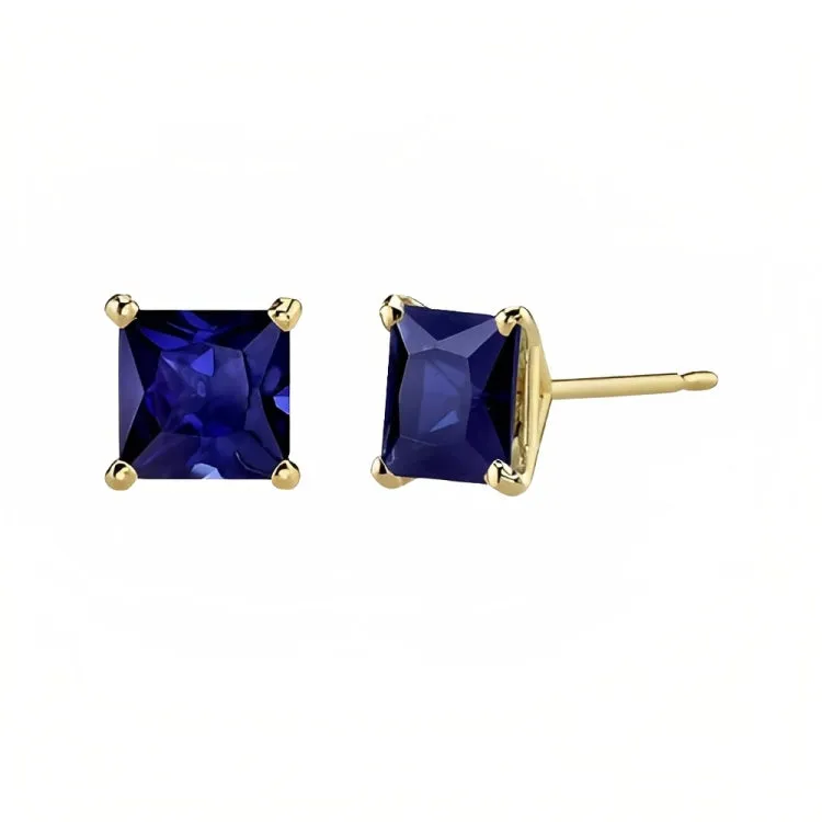 Paris Jewelry 18k Yellow Gold 2 Pair Created Blue Sapphire 4mm, 6mm Round & Princess Cut Stud Earrings Plated