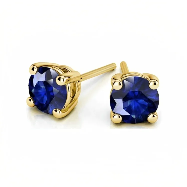 Paris Jewelry 18k Yellow Gold 2 Pair Created Blue Sapphire 4mm, 6mm Round & Princess Cut Stud Earrings Plated