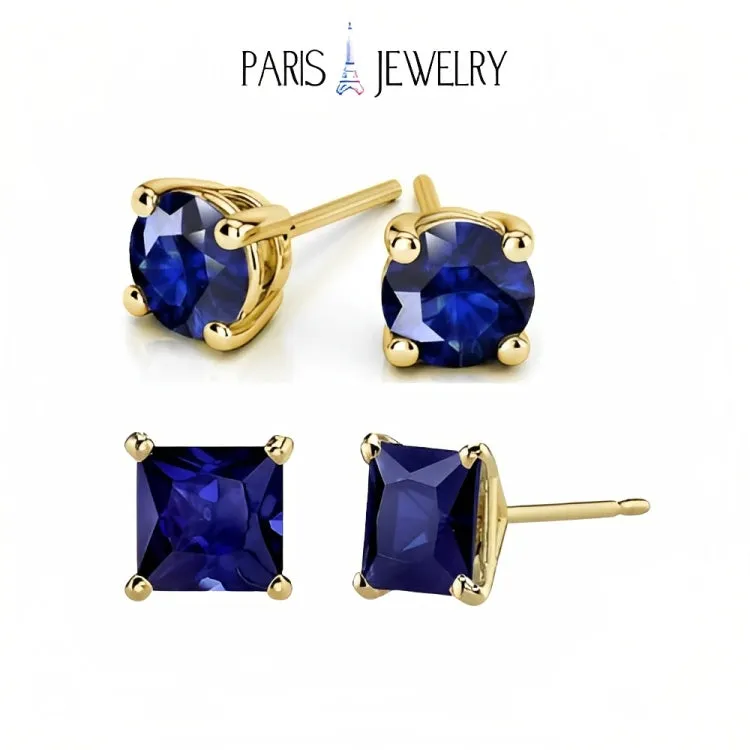 Paris Jewelry 18k Yellow Gold 2 Pair Created Blue Sapphire 4mm Round & Princess Cut Stud Earrings Plated