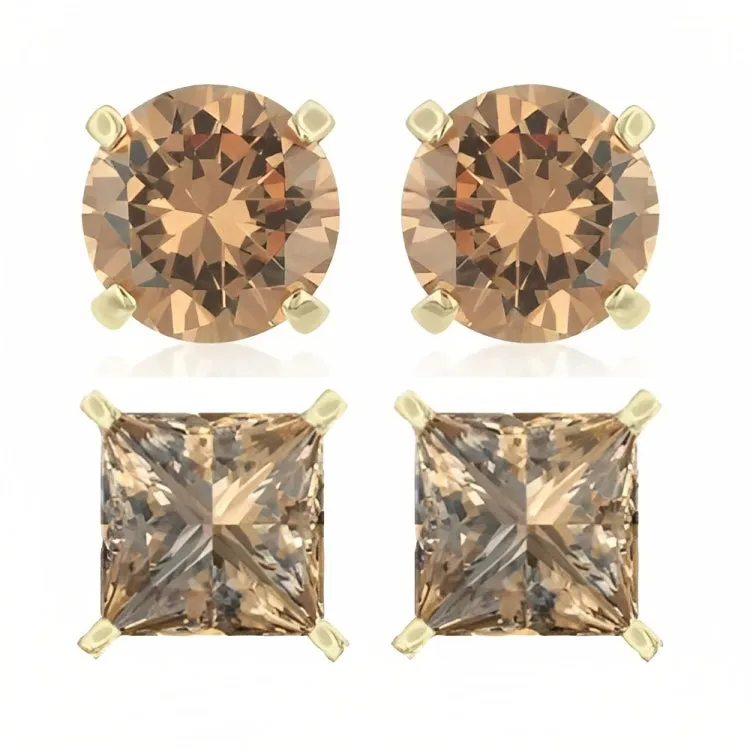 Paris Jewelry 18k Yellow Gold 2 Pair Created Champagne 6mm Round & Princess Cut Stud Earrings Plated