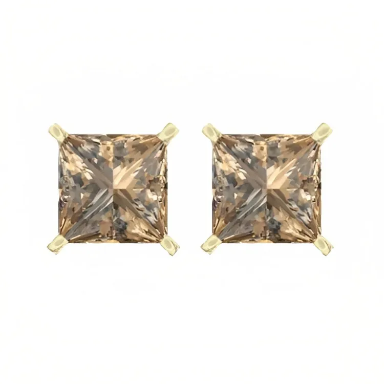 Paris Jewelry 18k Yellow Gold 2 Pair Created Champagne 6mm Round & Princess Cut Stud Earrings Plated