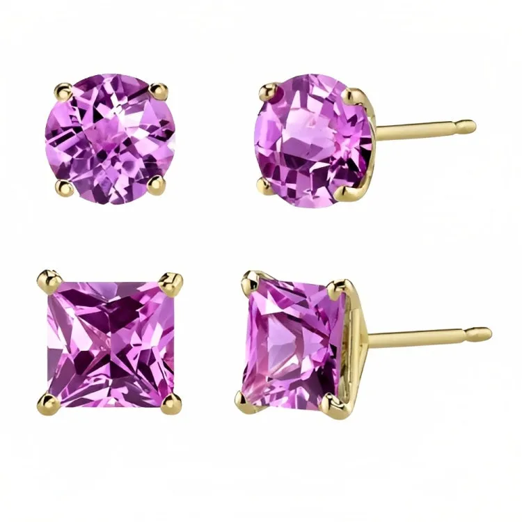 Paris Jewelry 18k Yellow Gold 2 Pair Created Pink Sapphire 6mm Round & Princess Cut Stud Earrings Plated