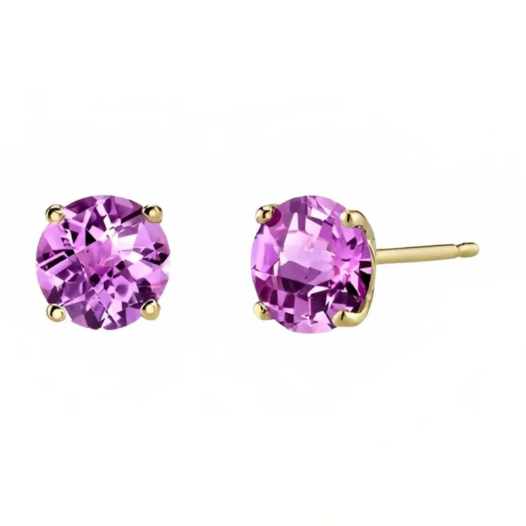 Paris Jewelry 18k Yellow Gold 2 Pair Created Pink Sapphire 6mm Round & Princess Cut Stud Earrings Plated