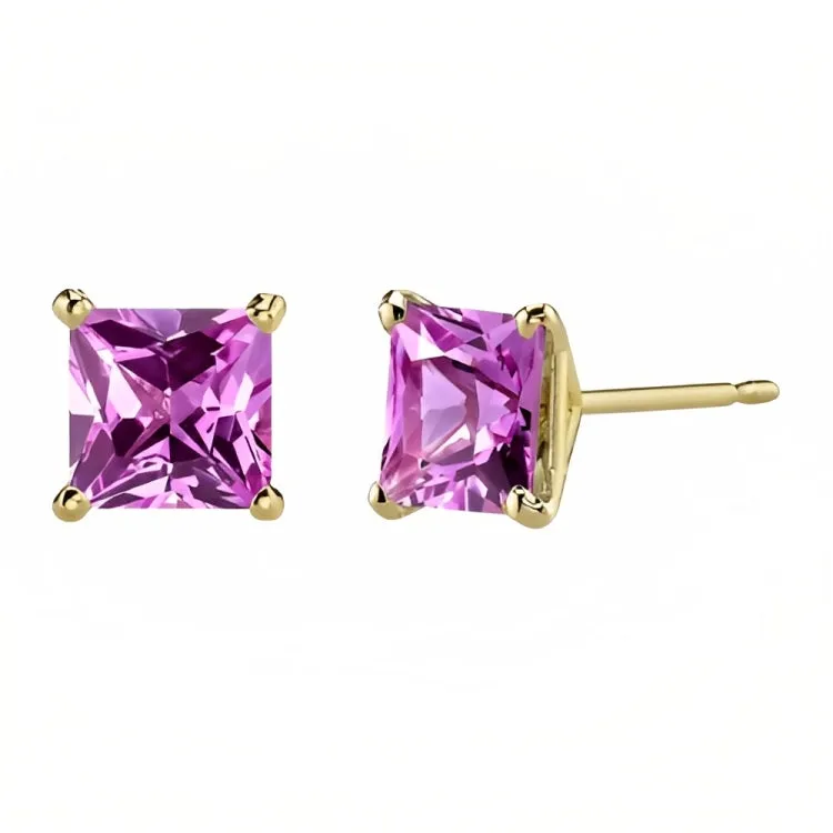 Paris Jewelry 18k Yellow Gold 2 Pair Created Pink Sapphire 6mm Round & Princess Cut Stud Earrings Plated