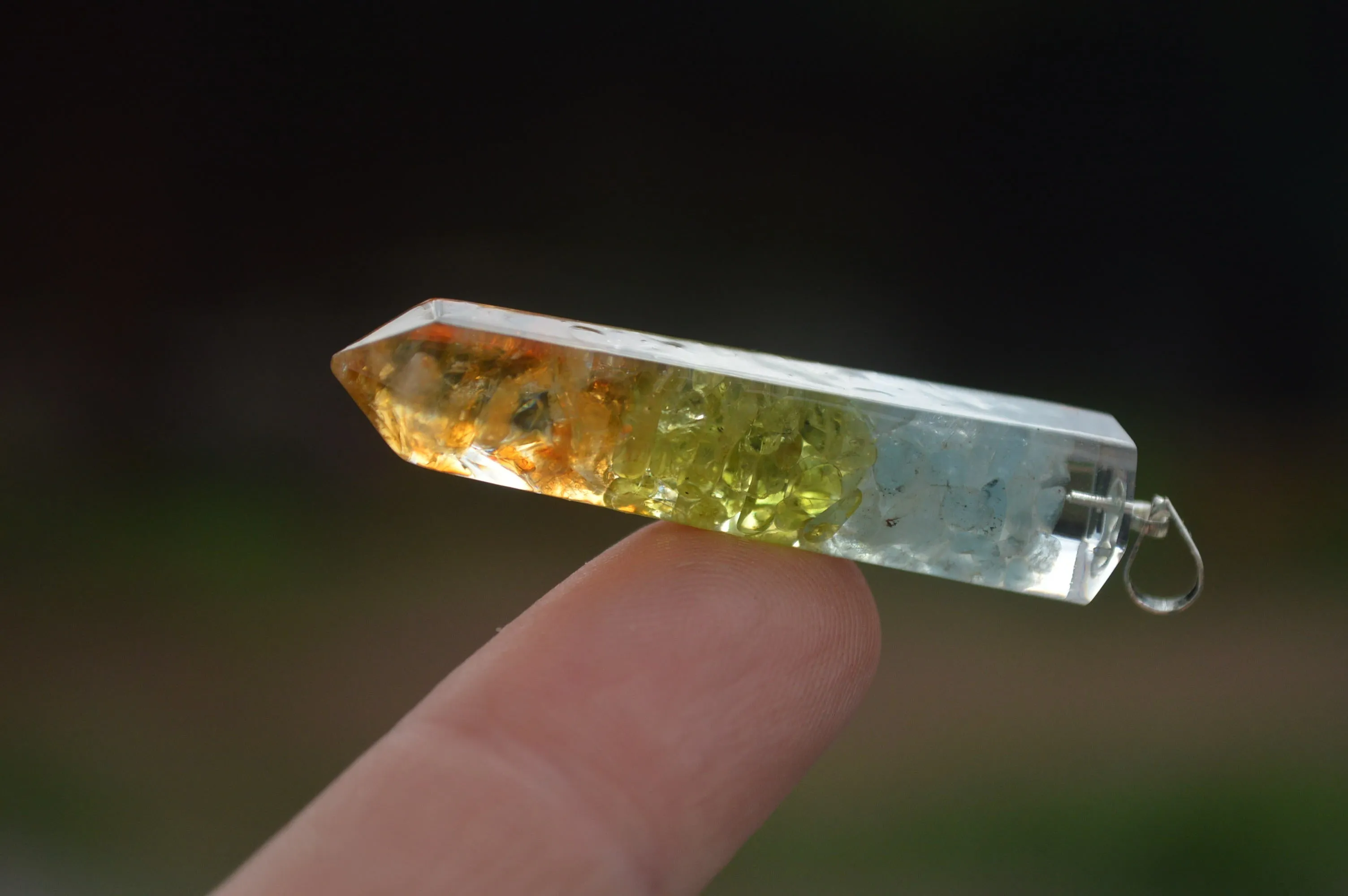 Polished Packaged Hand Crafted Mid Chakra Resin Pendant with Stone Chips - sold per piece - From Bulwer, South Africa