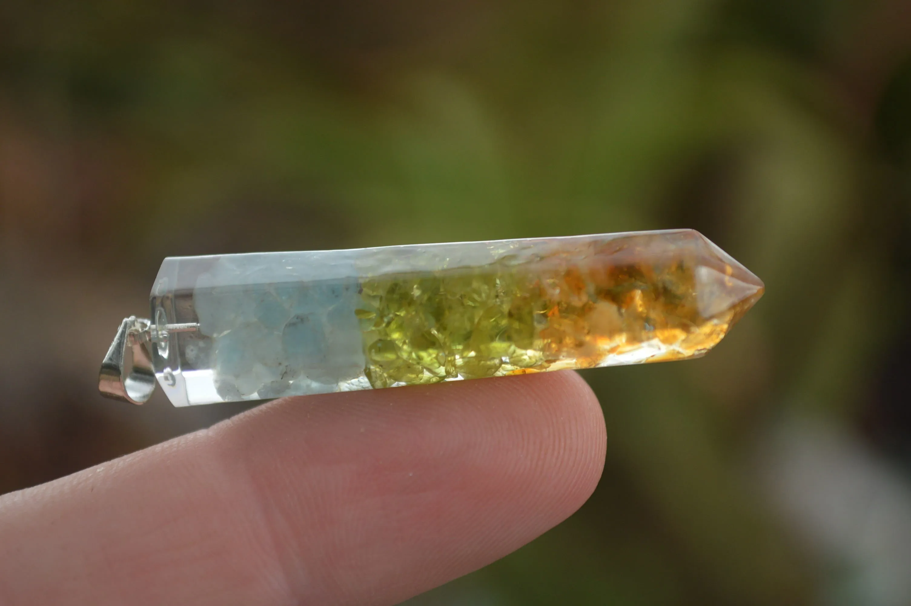 Polished Packaged Hand Crafted Mid Chakra Resin Pendant with Stone Chips - sold per piece - From Bulwer, South Africa