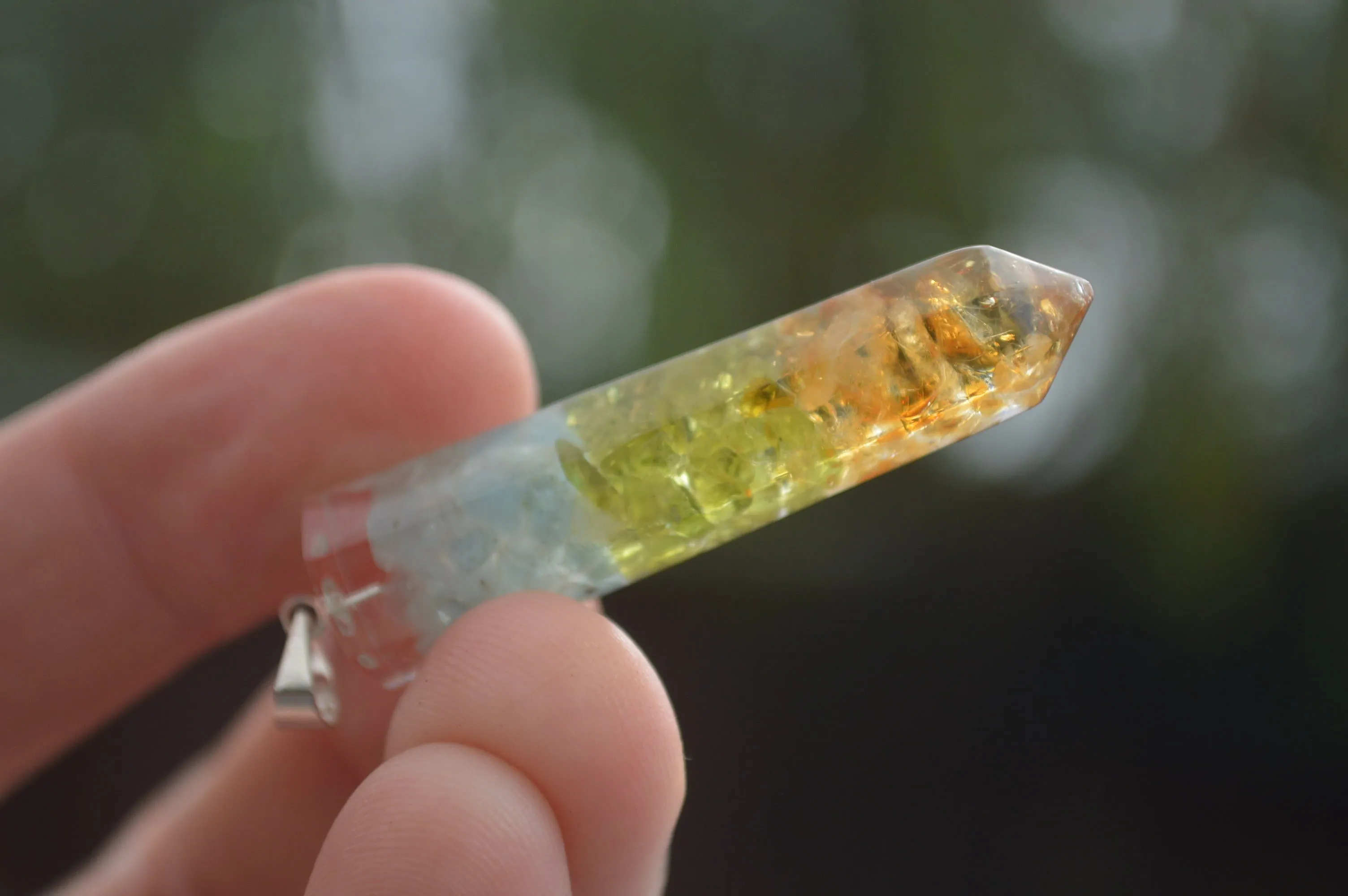 Polished Packaged Hand Crafted Mid Chakra Resin Pendant with Stone Chips - sold per piece - From Bulwer, South Africa