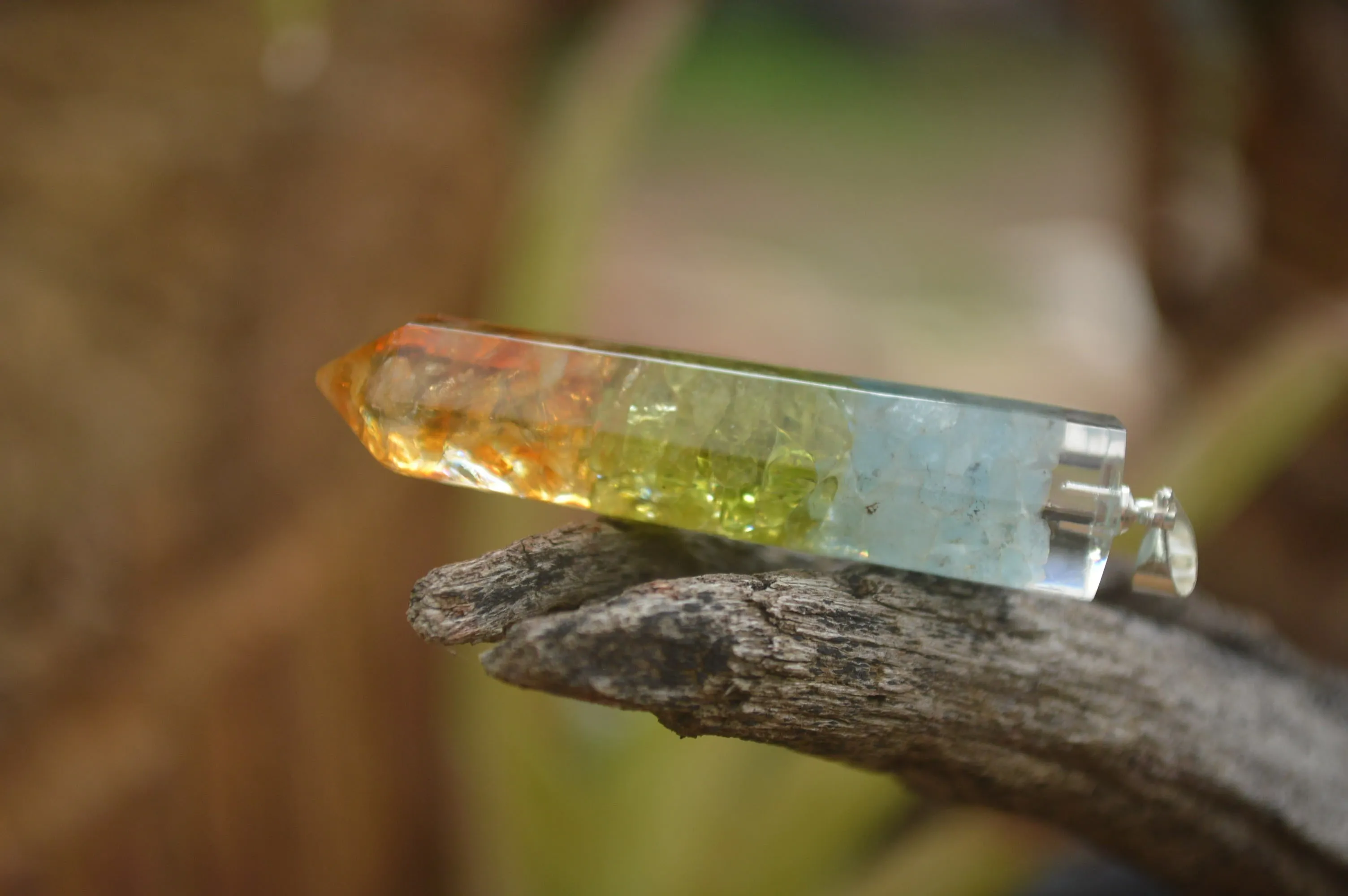 Polished Packaged Hand Crafted Mid Chakra Resin Pendant with Stone Chips - sold per piece - From Bulwer, South Africa