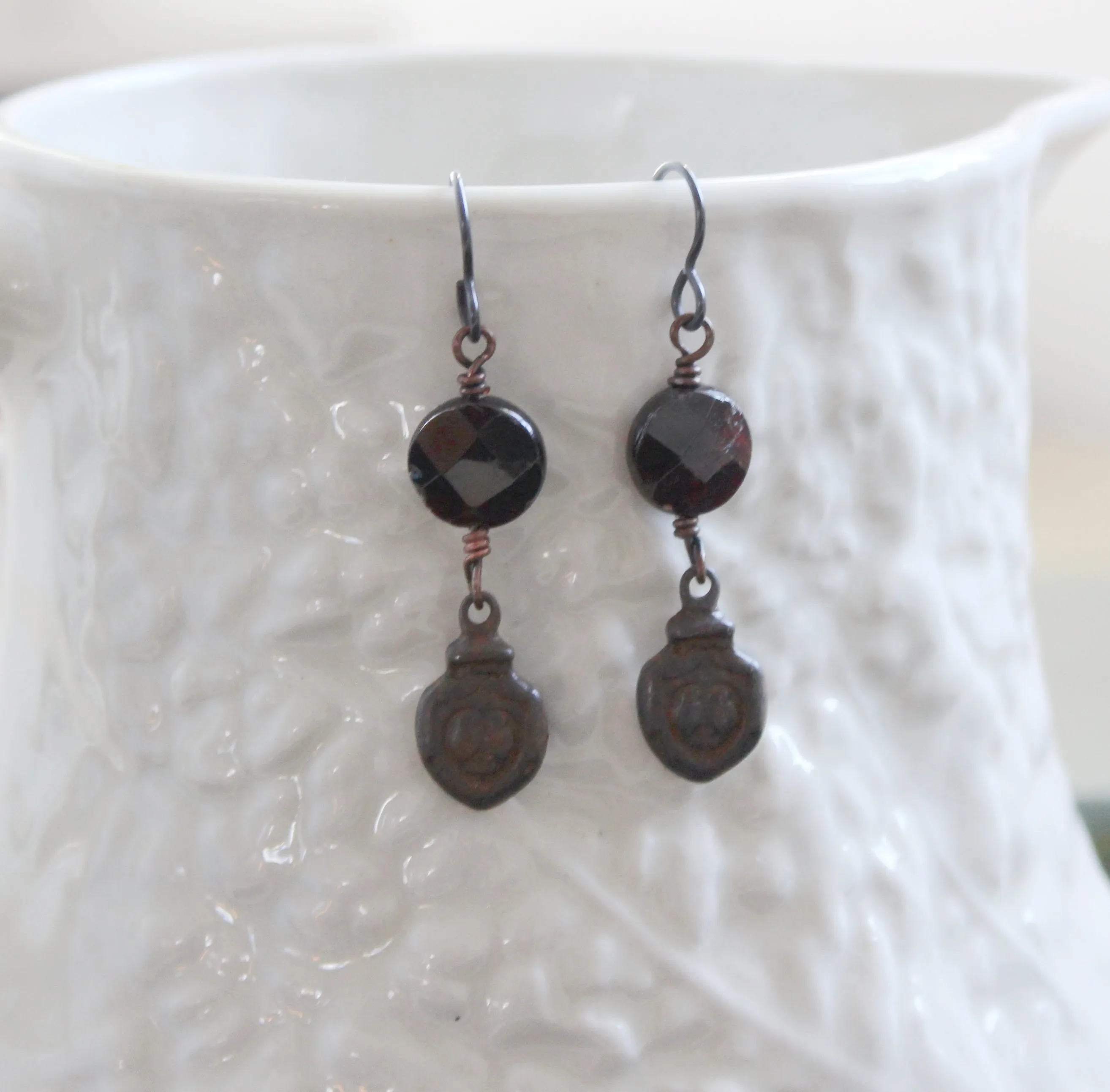 Rustic Sacred Heart Earrings with Garnets