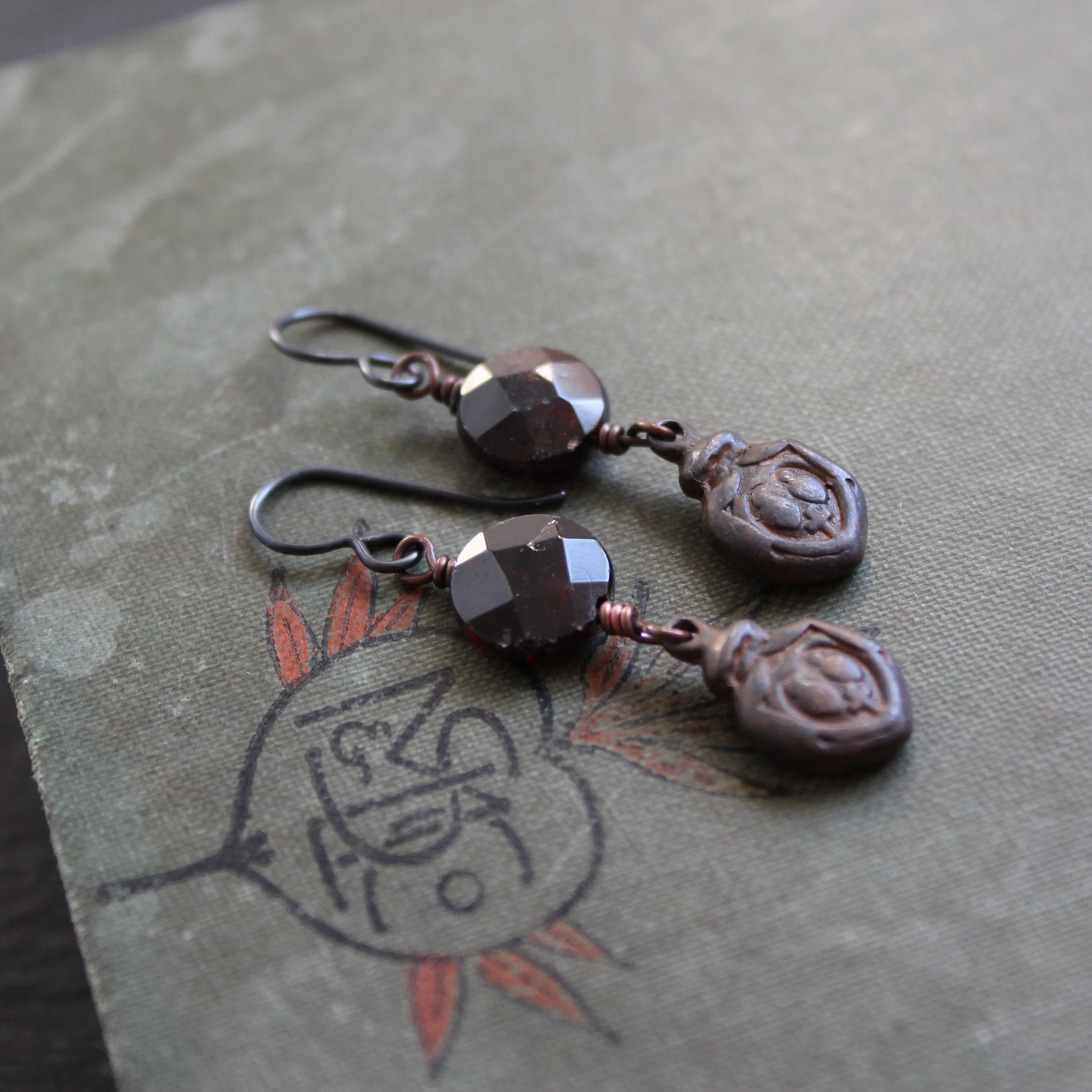 Rustic Sacred Heart Earrings with Garnets