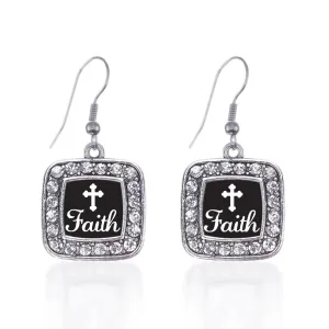 Silver Faith Square Charm Dangle Earrings