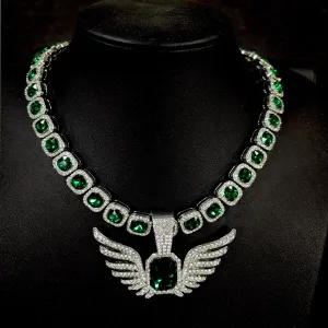 Silver Inlaid Green Gemstone Necklace - Green Diamond Wings