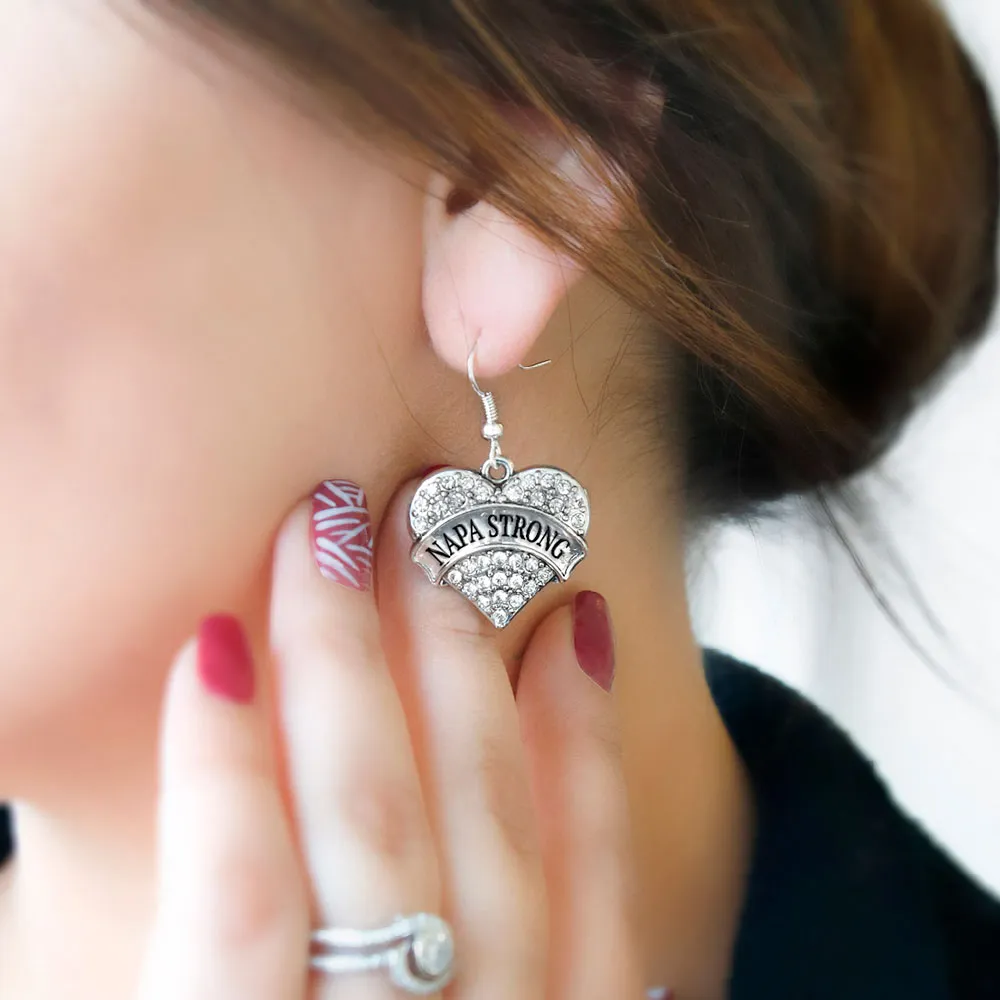 Silver Napa Strong Pave Heart Charm Dangle Earrings