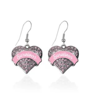 Silver Pink Script Survivor Pink Pave Heart Charm Dangle Earrings