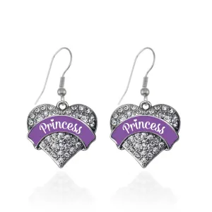 Silver Princess - Purple Pave Heart Charm Dangle Earrings