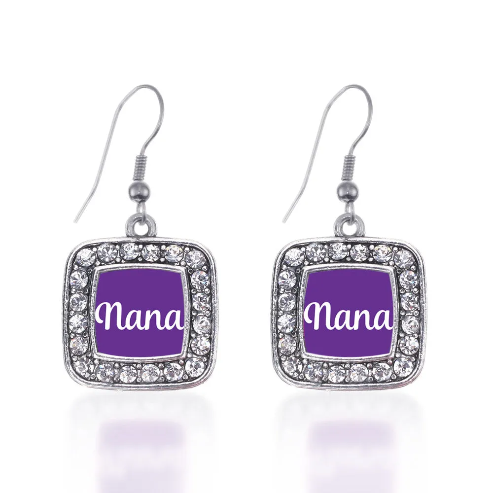 Silver Purple Nana Square Charm Dangle Earrings