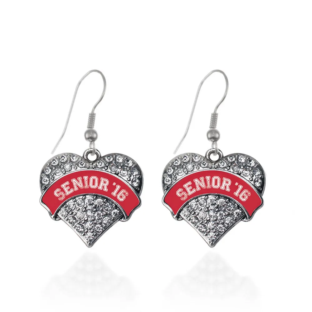 Silver Red Senior 2016 Pave Heart Charm Dangle Earrings