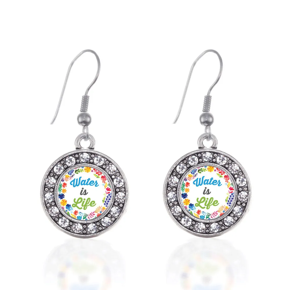 Silver Water Is Life Circle Charm Dangle Earrings