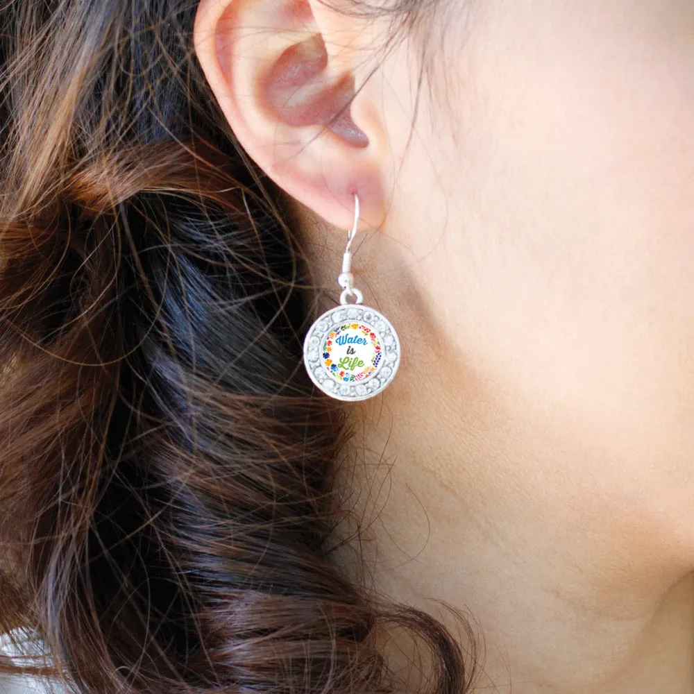 Silver Water Is Life Circle Charm Dangle Earrings