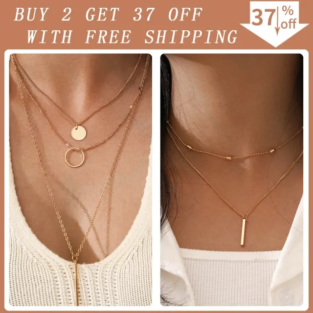 Simple Crystal Geometric Gold Pendant Necklace Set for Women Charms Kpop Fashion Square Rhinestone Female Vintage Jewelry Collar