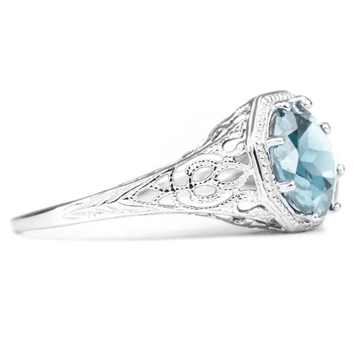 SKY BLUE TOPAZ STERLING SILVER VINTAGE STYLE SOLITAIRE RING ART DECO FILIGREE
