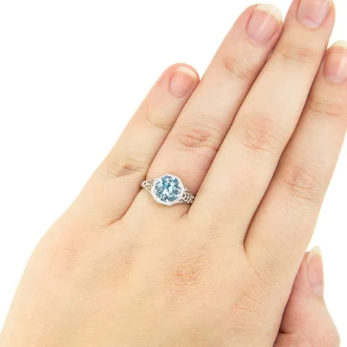SKY BLUE TOPAZ STERLING SILVER VINTAGE STYLE SOLITAIRE RING ART DECO FILIGREE