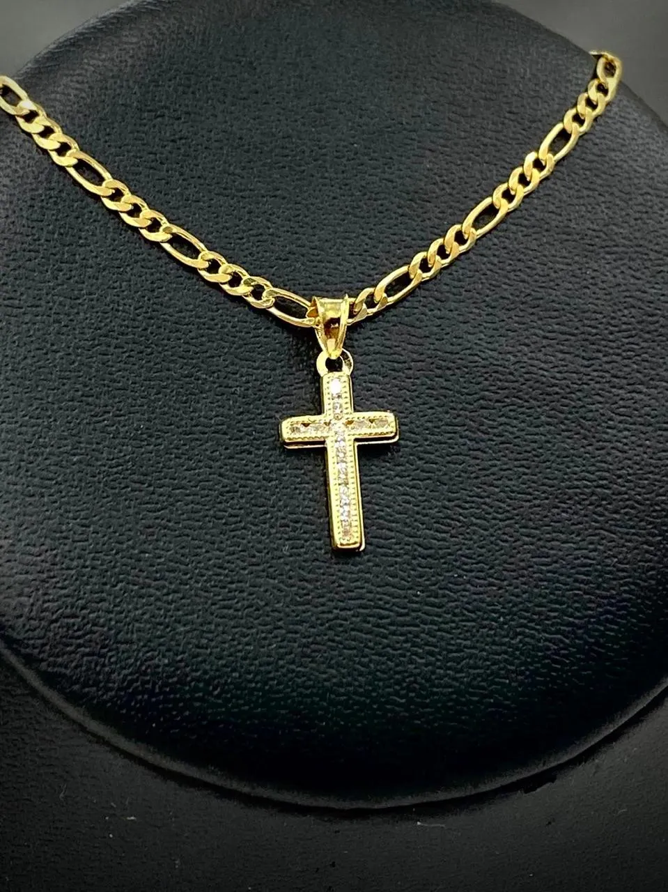 Small Cross Necklace Pendant CZ 14K Gold Filled Womens Kids Crucifix Figaro Chain 17x10