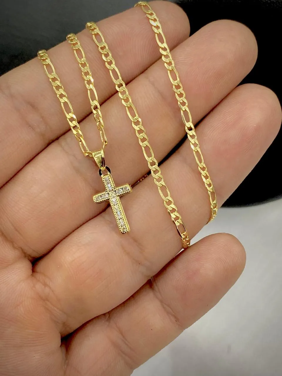 Small Cross Necklace Pendant CZ 14K Gold Filled Womens Kids Crucifix Figaro Chain 17x10