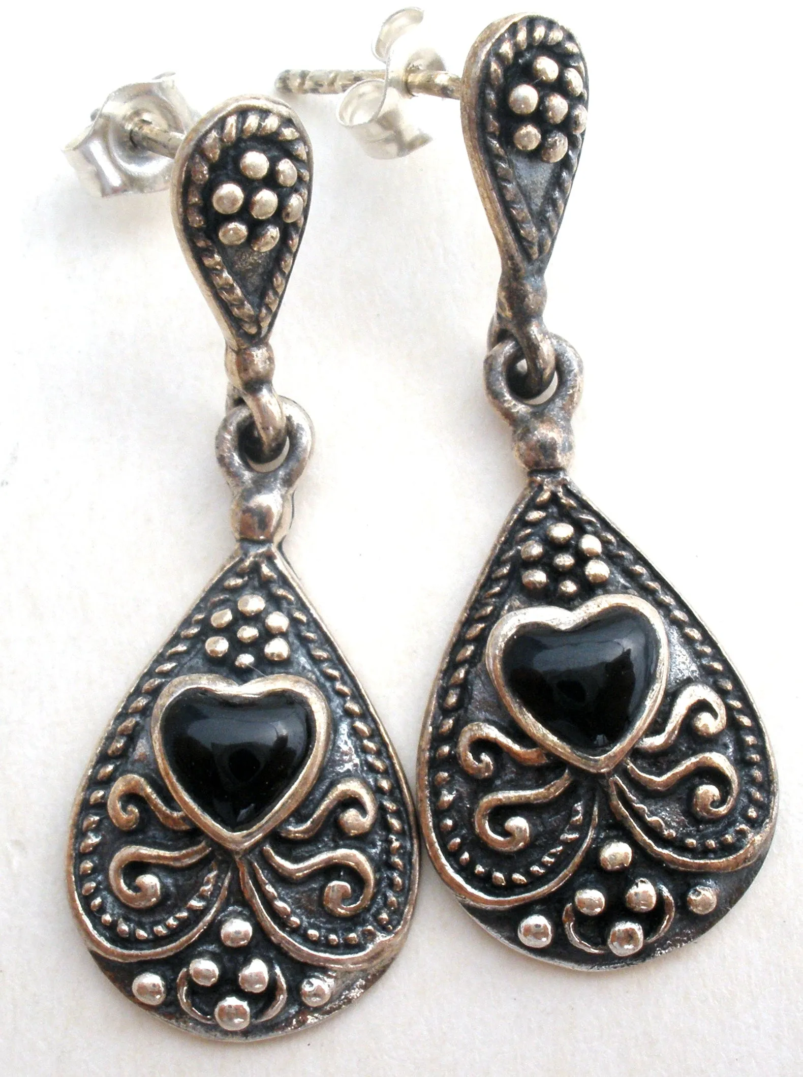 Sterling Silver Black Onyx Heart Earrings Vintage